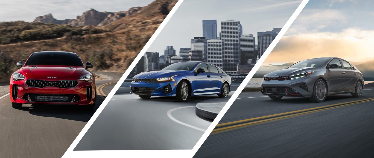 2023 Kia Stinger GT2 Driving On A Highway Alongside the 2024 Kia K5 GT and the 2024 Kia Forte GT
