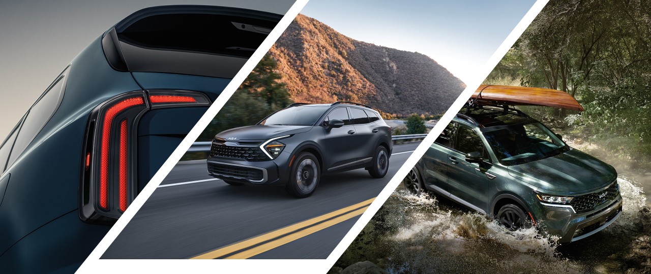 2023 Kia Telluride LED Taillight Close-Up Alongside A 2023 Kia Sportage Driving On A Highway And A 2023 Kia Sorento Driving Through a Swamp