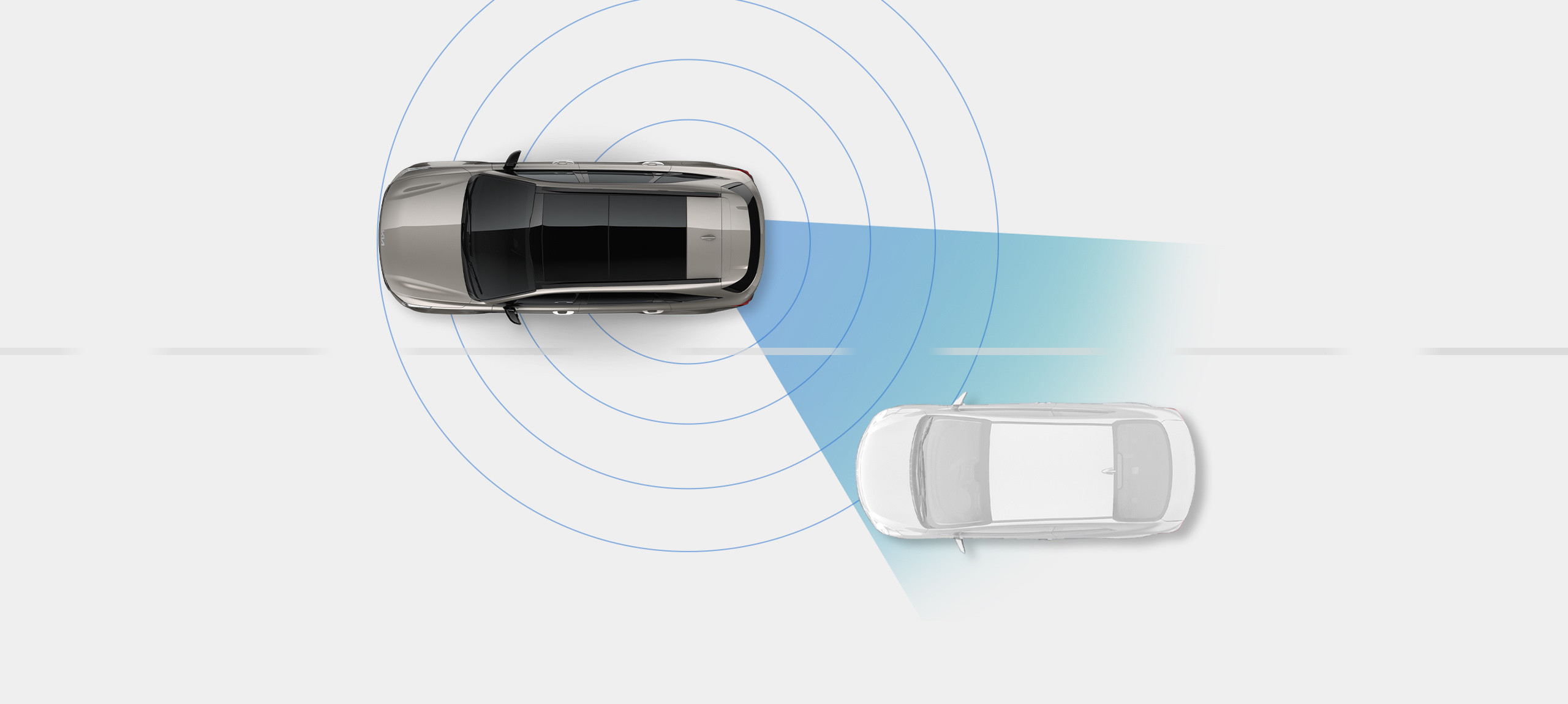 Kia vehicle in a bird's eye view ahead of a generic car in another lane, with rings around it to show how the car detects blind spots