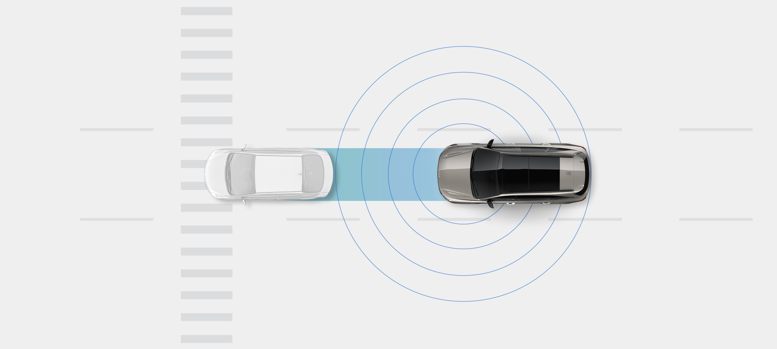 Kia vehicle in a bird's eye view behind a generic car, with rings around it to show how the car detects a potential collision