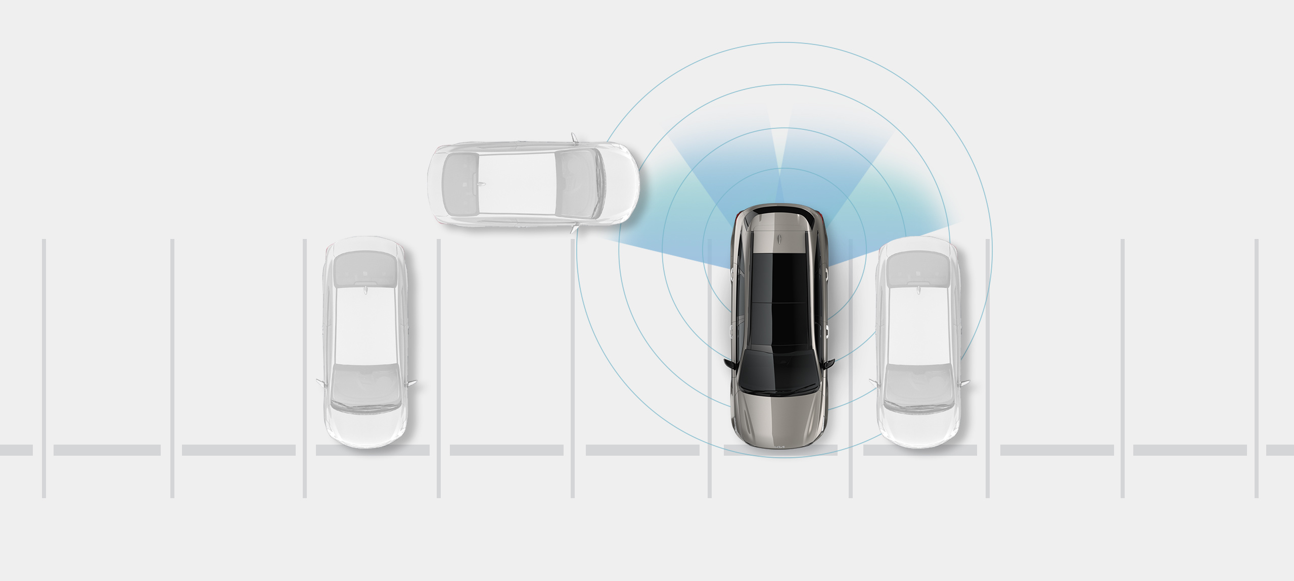 Kia vehicle parked in a lot space with rings around it to show that the car is detecting potential hazards, and a highlighted section to show that the car senses an approaching vehicle behind it